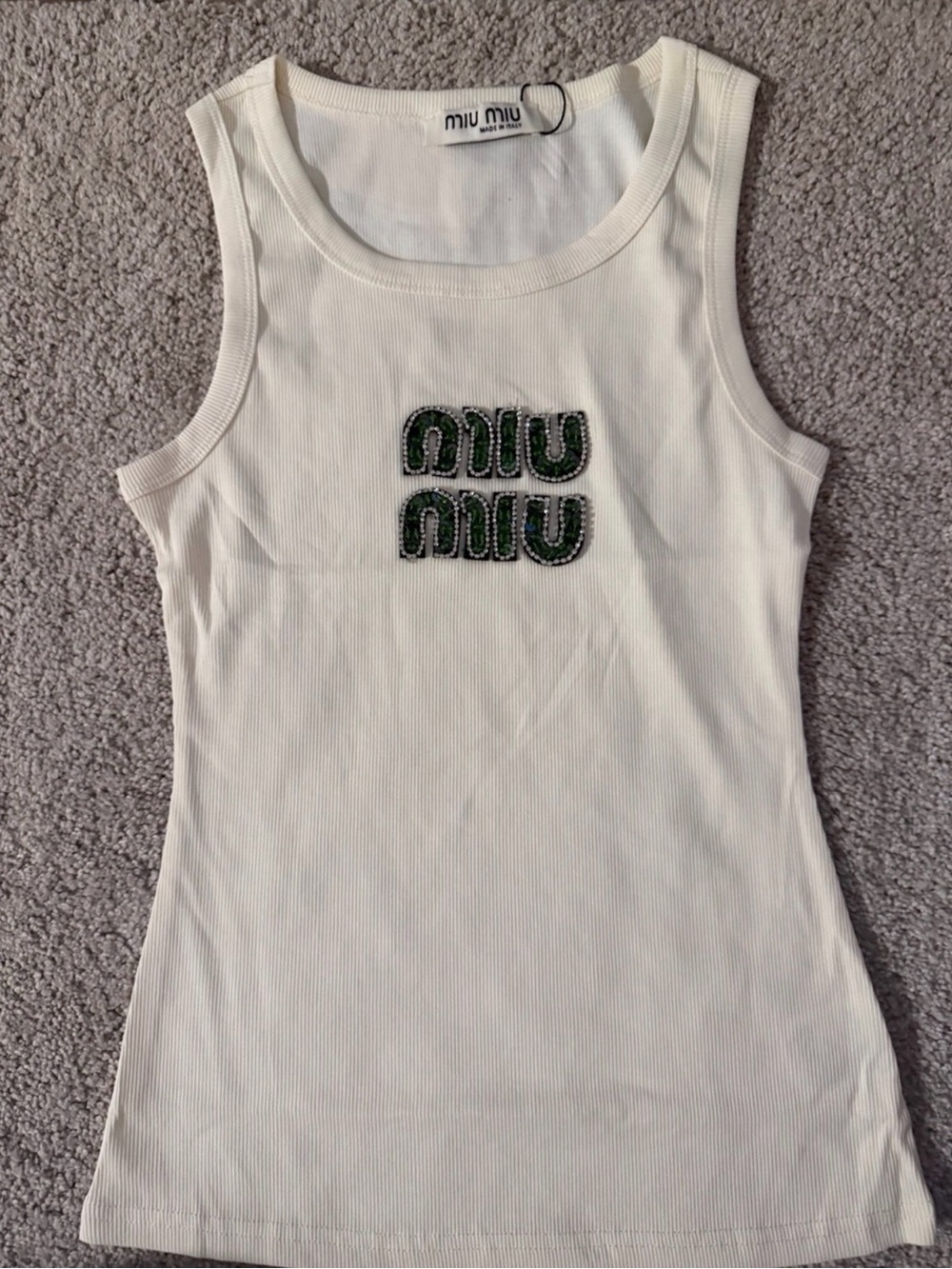 Miu Miu Cream Ribbed Tank with Green Embellished Logo